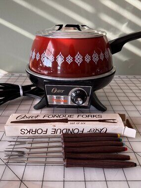 Vintage Oster Electric Fondue Set Red Orange 6 Forks Mid Century Tested Works